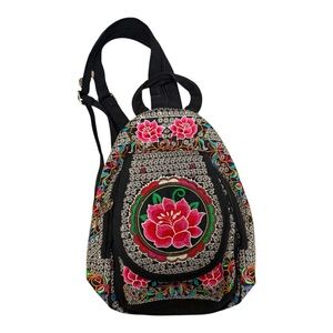 Embroidered Convertible Backpack • Zip Straps • Lotus Floral Design